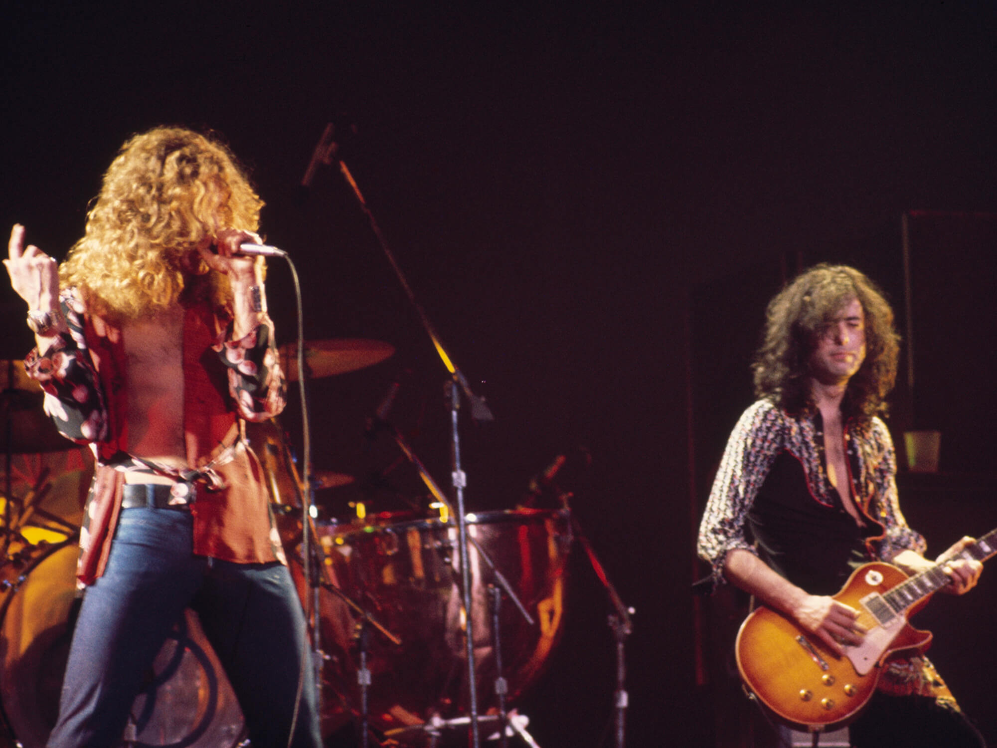 Robert Plant and Jimmy Page of Led Zeppelin onstage in 1975.