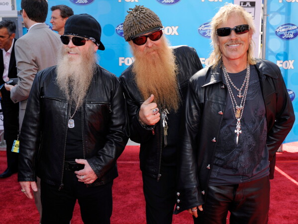 ZZ TOP (from left to right: the late bassist Dusty Hill, guitarist/vocalist Billy Gibbons, and the late drummer Frank Beard) appearing at an event in Los Angeles