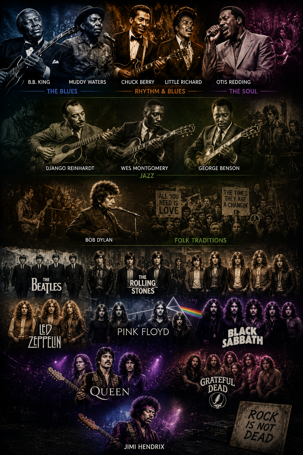 Illustrated journey from the blues, rhythm and blues, soul, jazz, and folk roots of rock to modern rock sounds