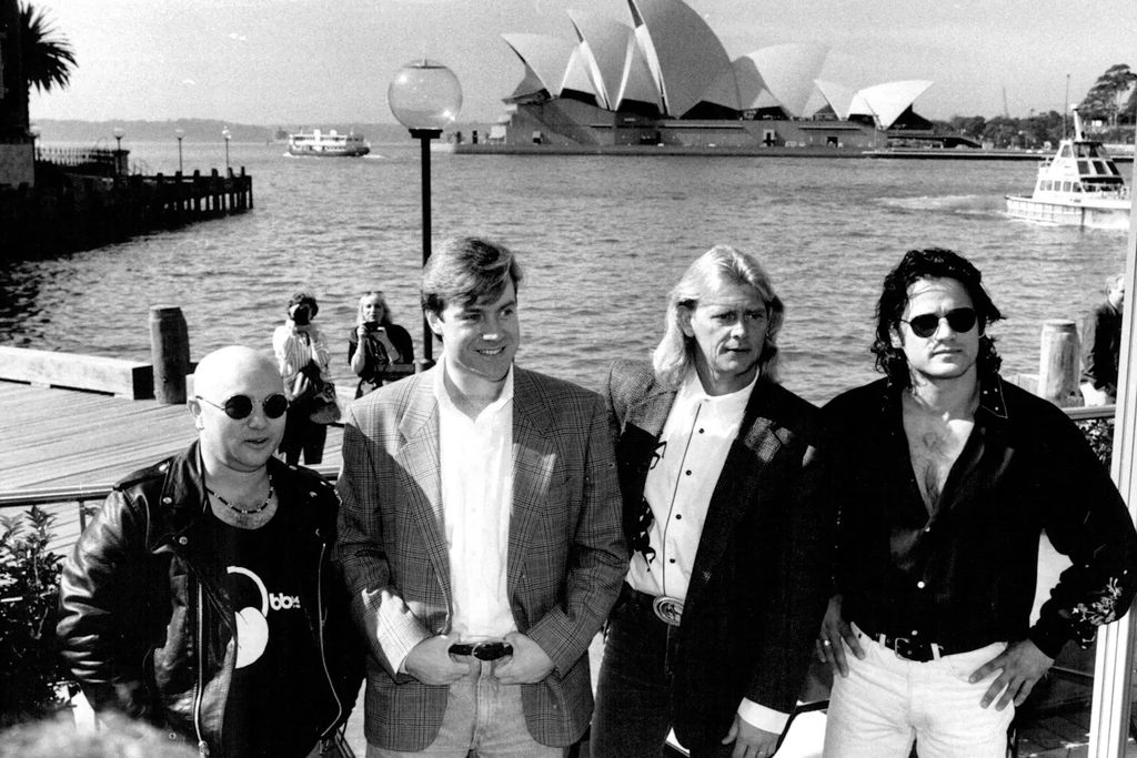Angry Anderson with his Jesus Christ Superstar co-stars (from second left) Anthony Warlow, John Farnham and Jon Stevens in 1992.(Robert Pearce/Fairfax Media)