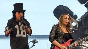Alice Cooper and Nita Strauss onstage at the Allegiant Stadiumin Las Vegas, Nevada (Image credit:  Ethan Miller/Getty Images)